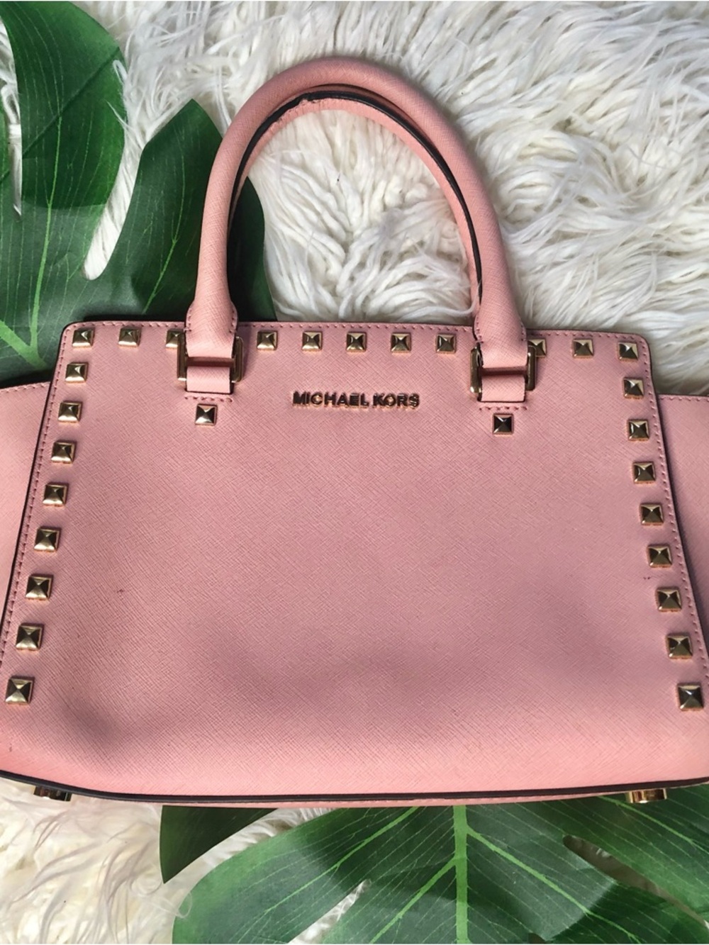 MICHAEL KORS Blush Pink Studded Saffiano Satchel